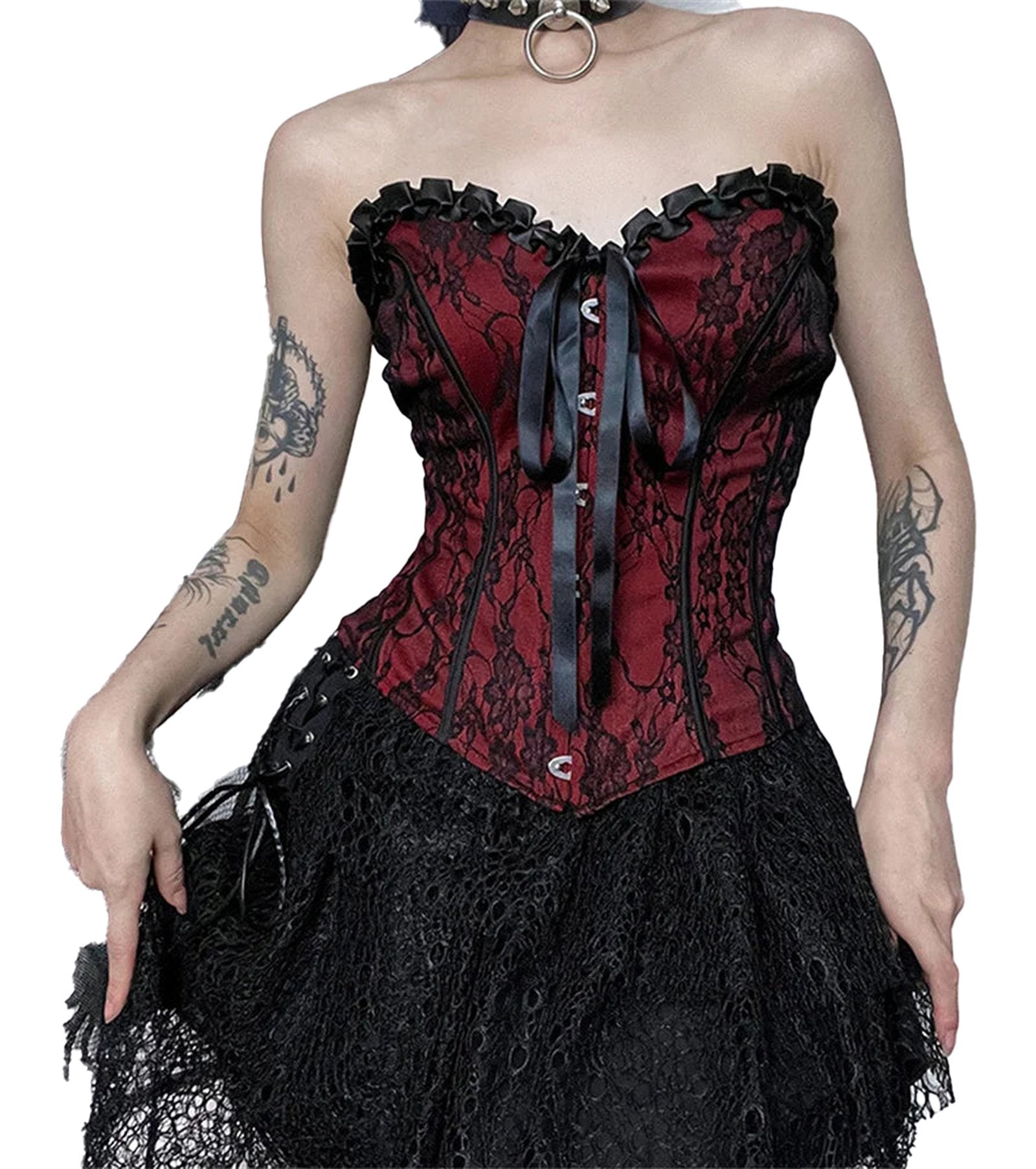 Gothic lace corset crop top in red and black with ribbon details and sweetheart neckline