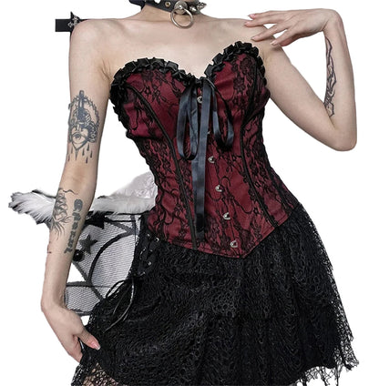 Gothic lace corset crop top in burgundy and black with lace detailing and front ribbon tie