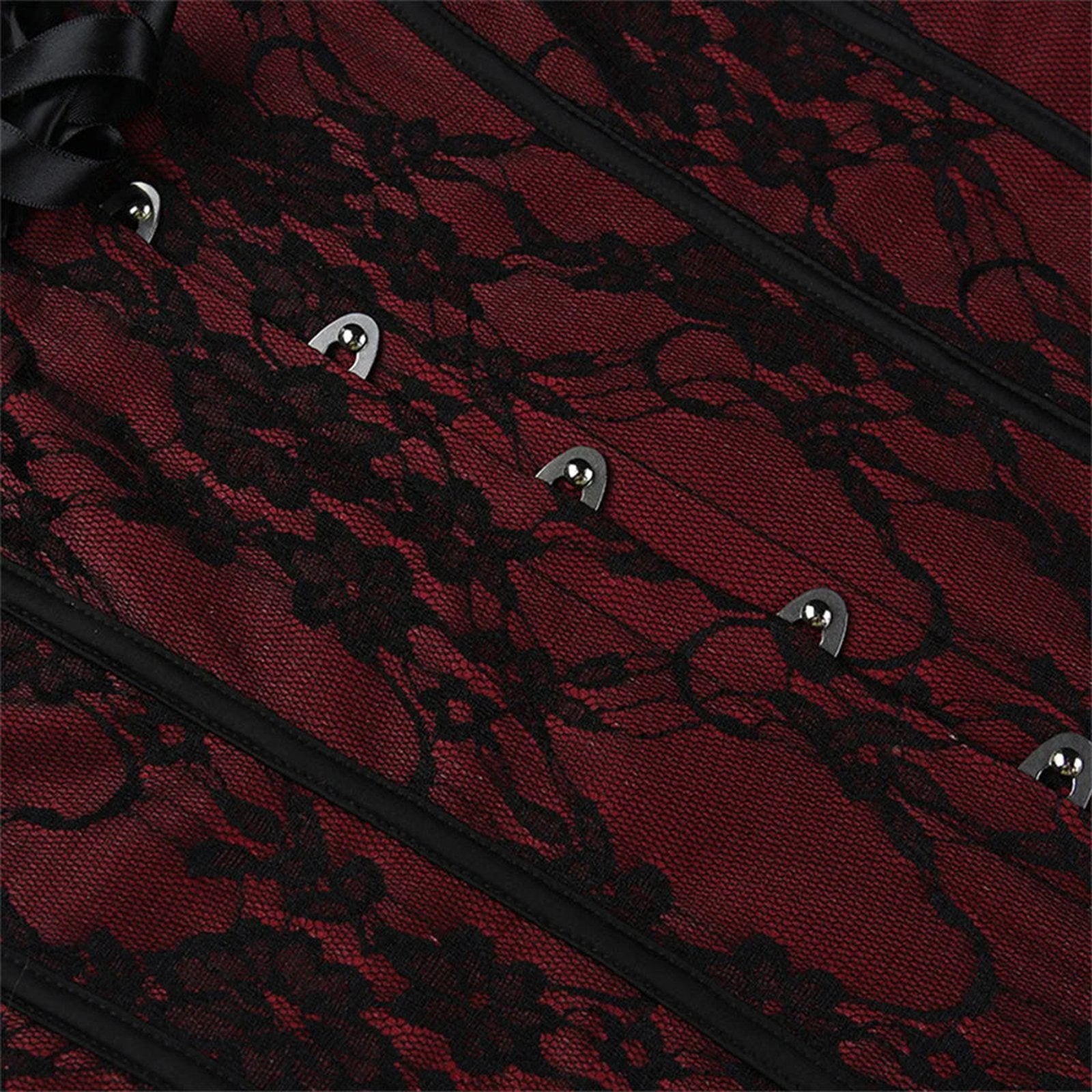 Gothic lace corset crop top in burgundy with black lace detailing and metallic accents