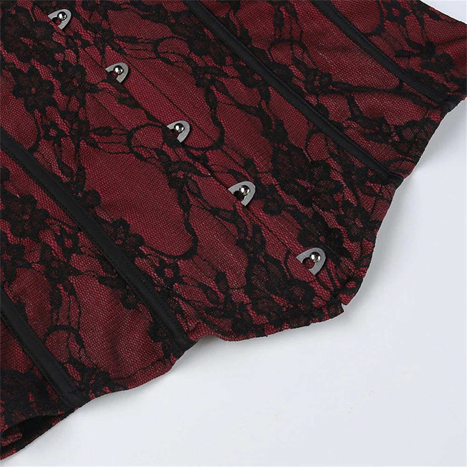 Gothic lace corset crop top in deep red with black lace detailing and stylish hooks
