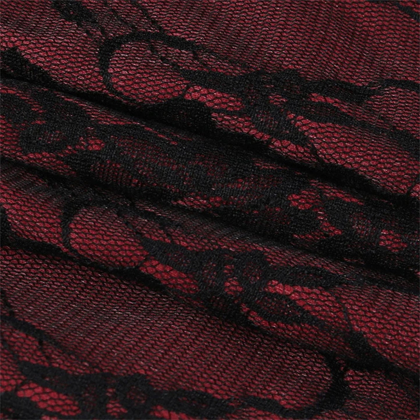 Gothic lace corset crop top featuring intricate black lace on a deep red fabric