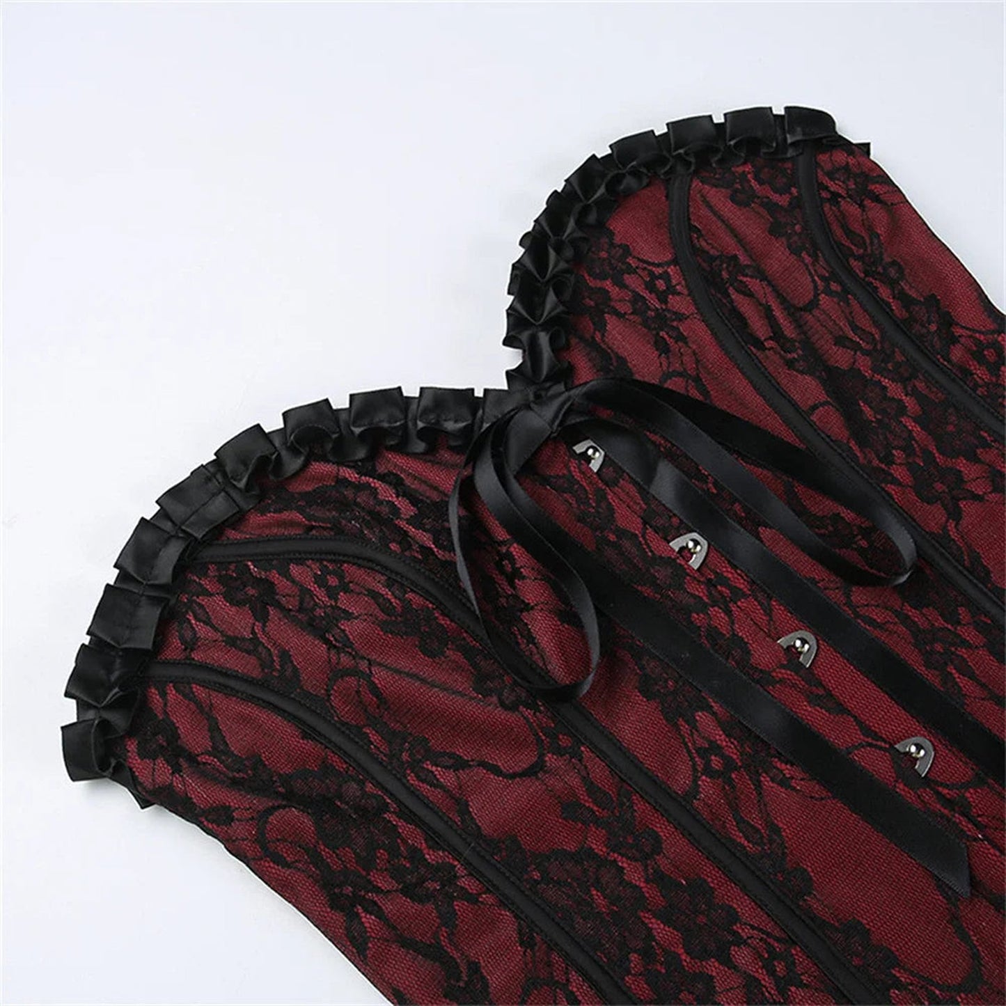 Gothic lace corset crop top in red and black with ribbon detailing and lace accents