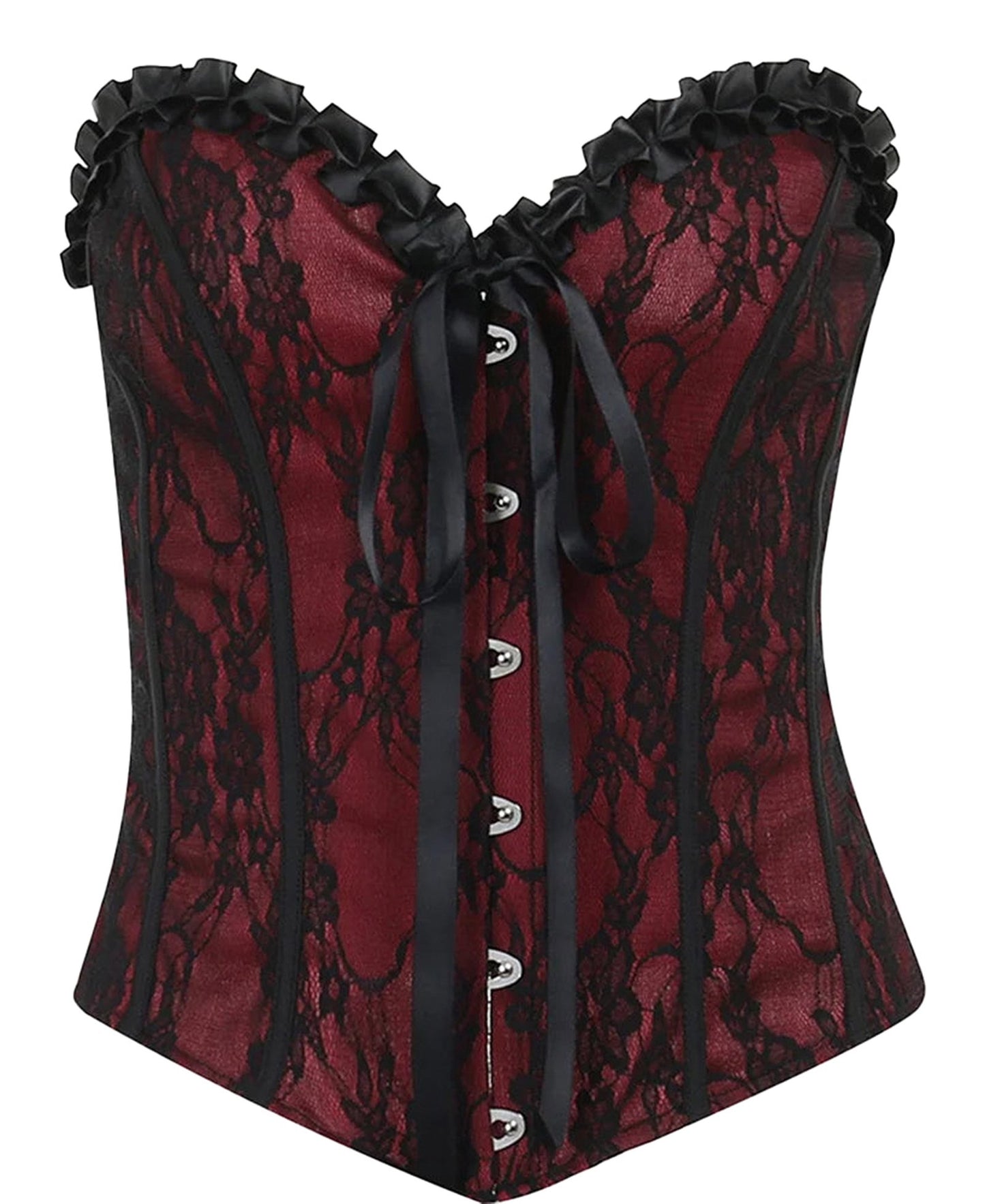 Gothic lace corset crop top in deep red with black lace detailing and ruffled edges