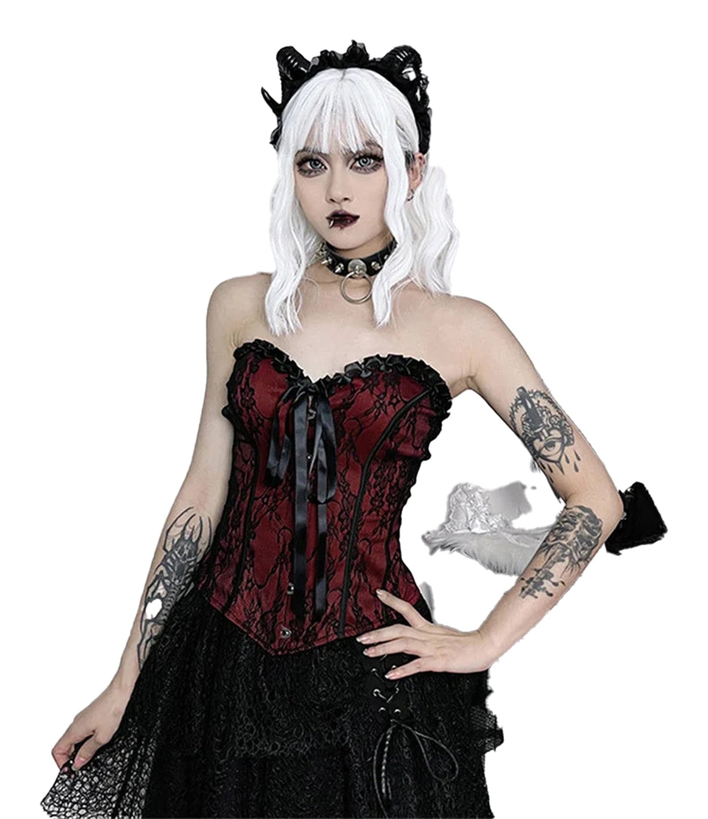 Black and red gothic lace corset crop top featuring a corset design and lace detailing