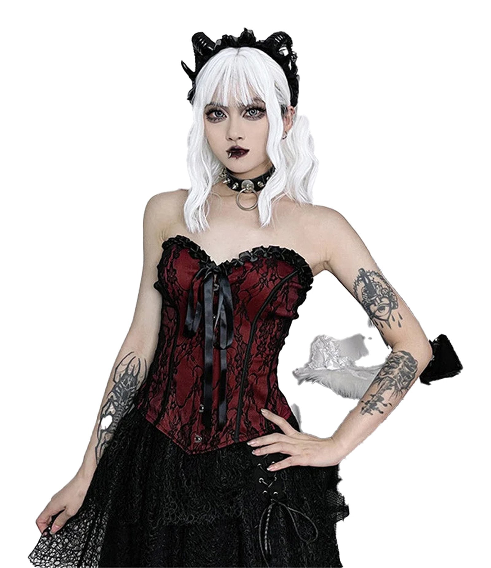 Black and red gothic lace corset crop top featuring a corset design and lace detailing