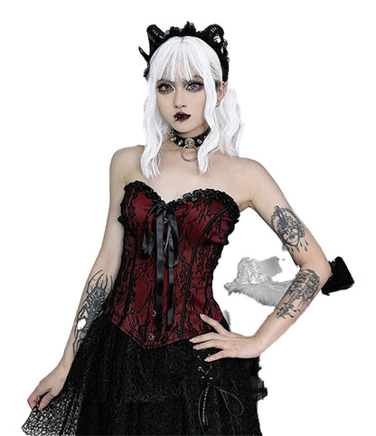 Black and red gothic lace corset crop top featuring a corset design and lace detailing
