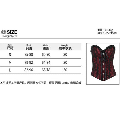 Gothic lace corset crop top in black and red with adjustable lace-up front and intricate detailing