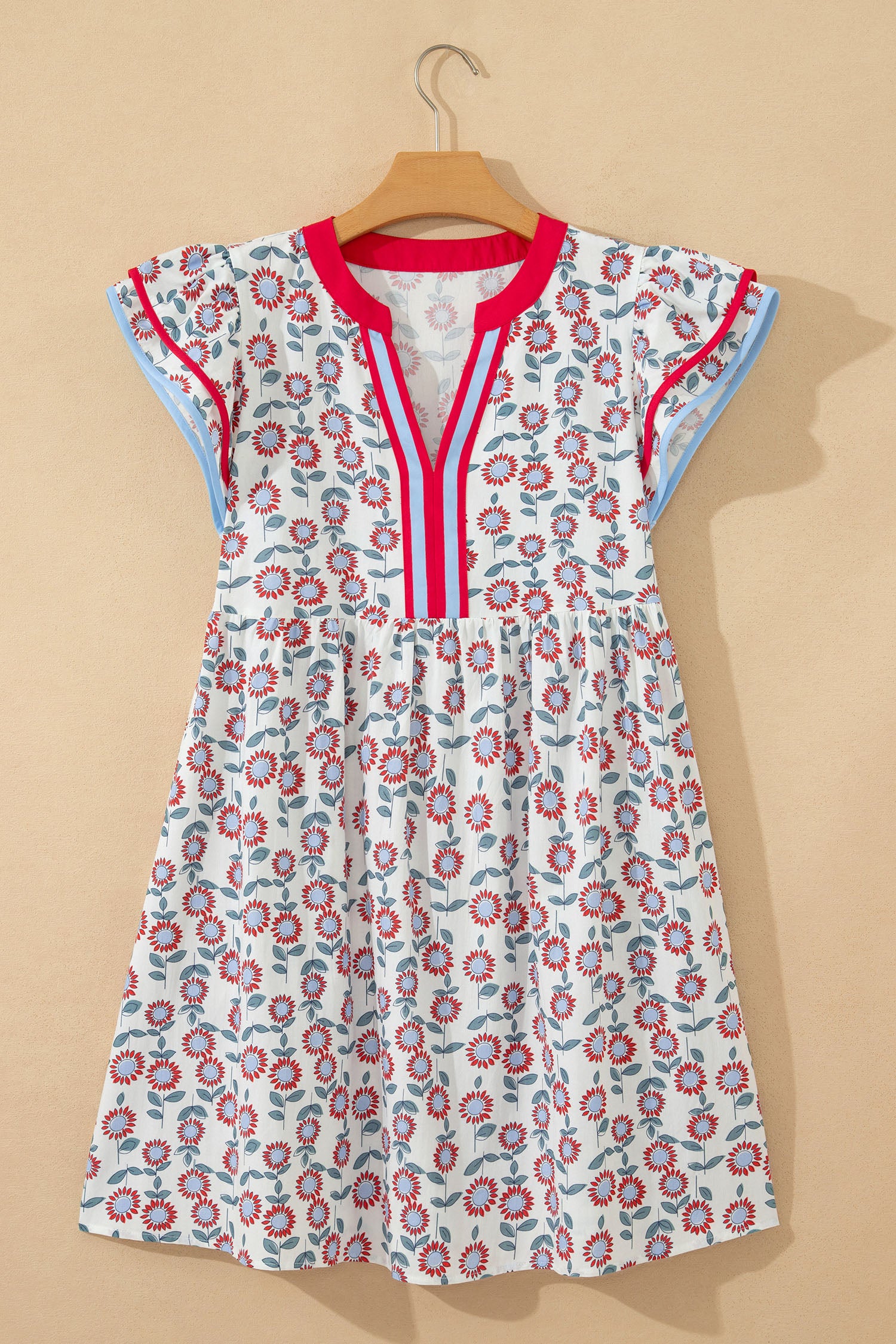 Sky Blue Floral Print Contrast Trim Flutter Sleeve Mini Dress