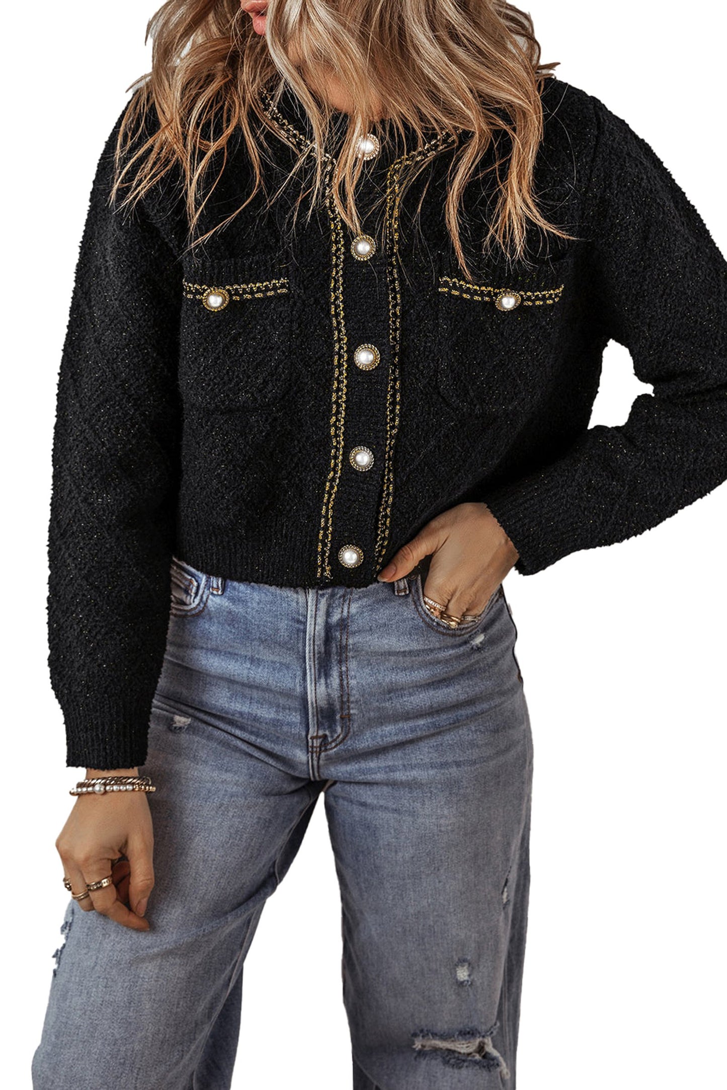 Black Shimmer Cardigan With Pearl Details