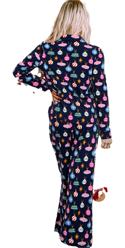 Navy Blue Christmas Pajama Set For Women