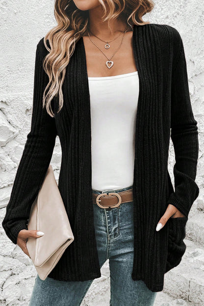 Black Ribbed Open Front Cardigan