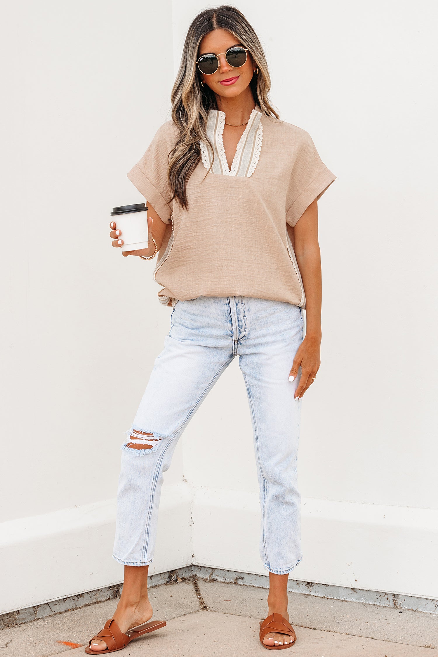 Parchment Crochet Lace Accent Pullover Rolled Short Sleeve Blouse