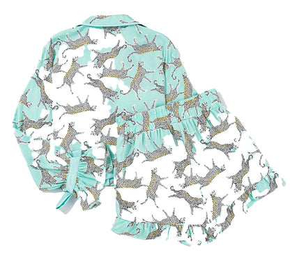 Green Leopard Satin Pajama Set For Women