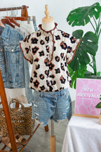 Khaki Leopard Printed Ruffle Sleeve Summer Blouse