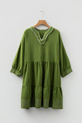 Jungle Green Mini Dress, Flowy Tiered V-Neck