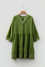 Jungle Green Mini Dress, Flowy Tiered V-Neck