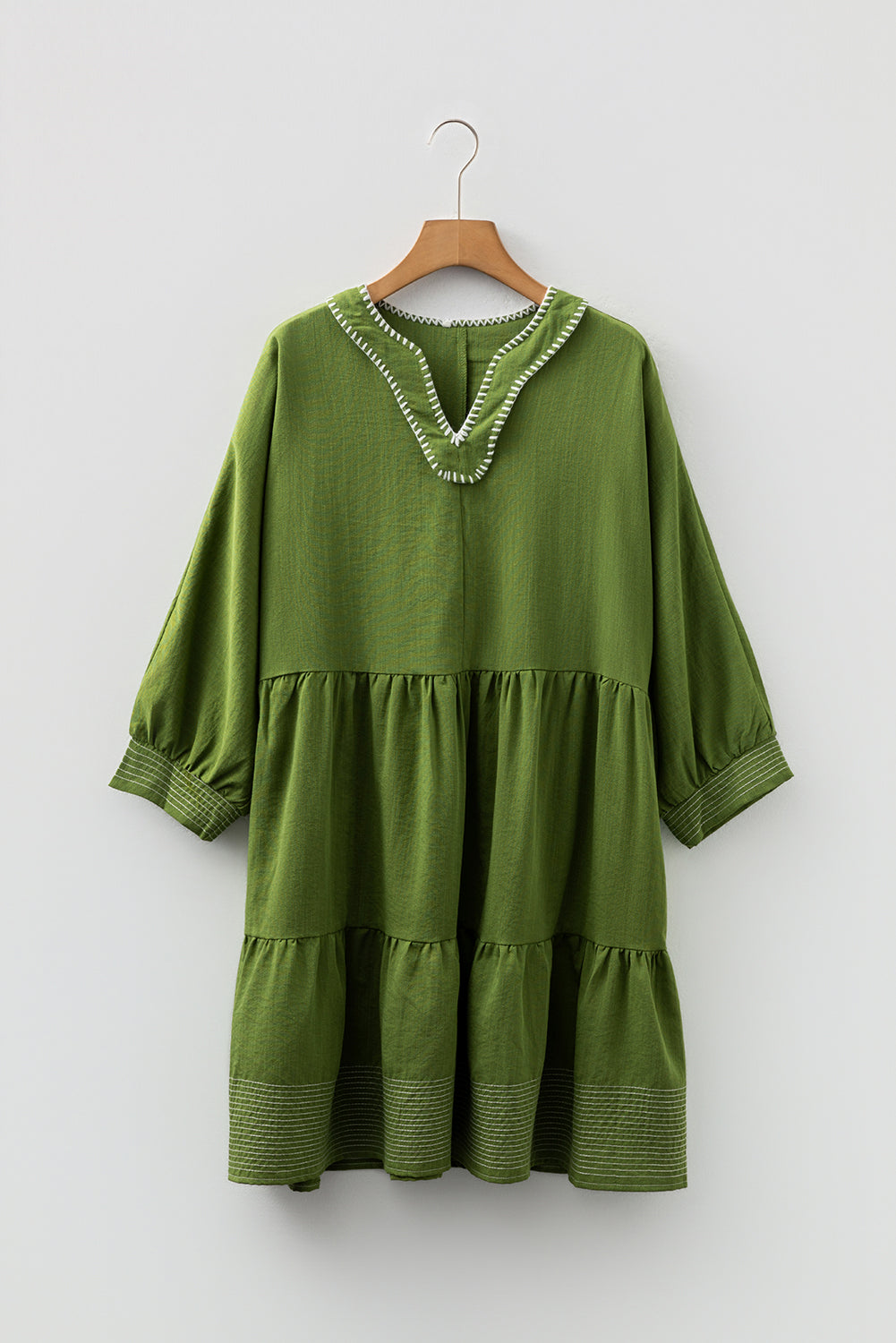 Jungle Green Mini Dress, Flowy Tiered V-Neck