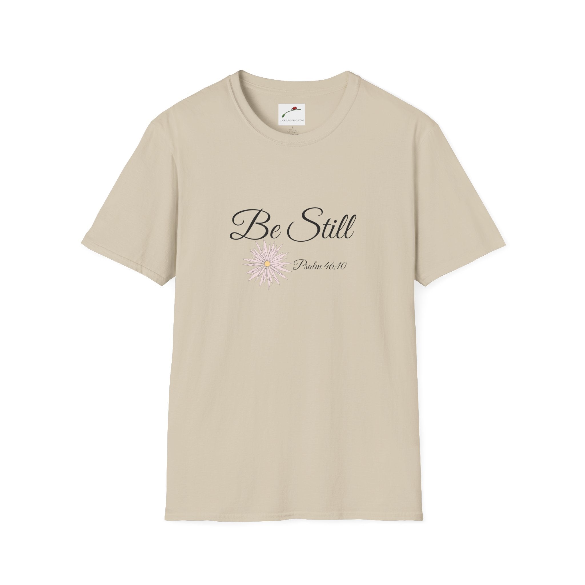 Be still bible verse t shirt in beige with elegant script and floral design by LuckeLadybug