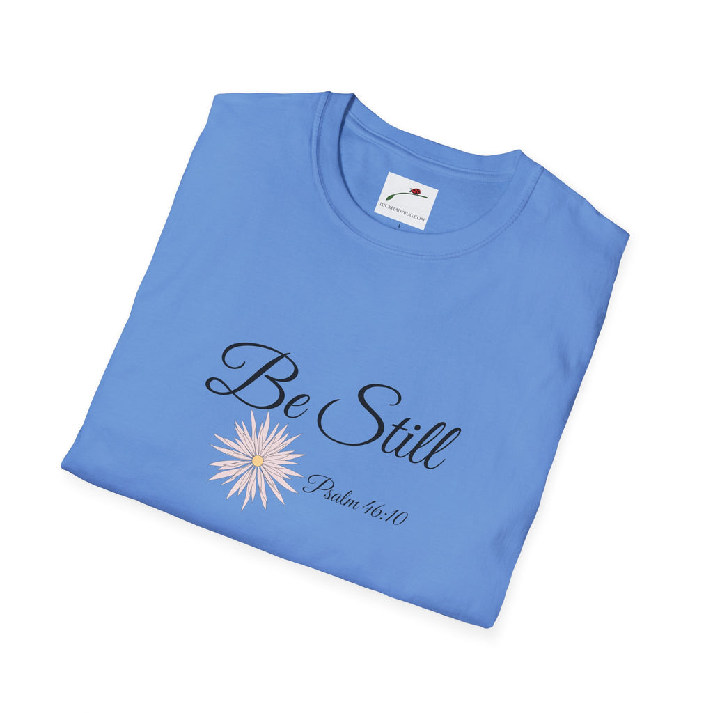 Light blue be still bible verse t shirt with floral design and Psalm 46 10 text by LuckeLadybug