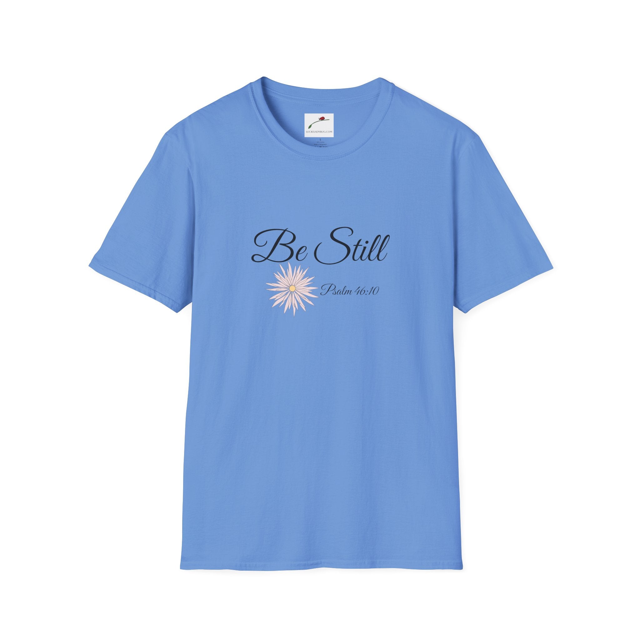 LuckeLadybug blue be still bible verse t shirt with floral design and Psalm 46 10 text