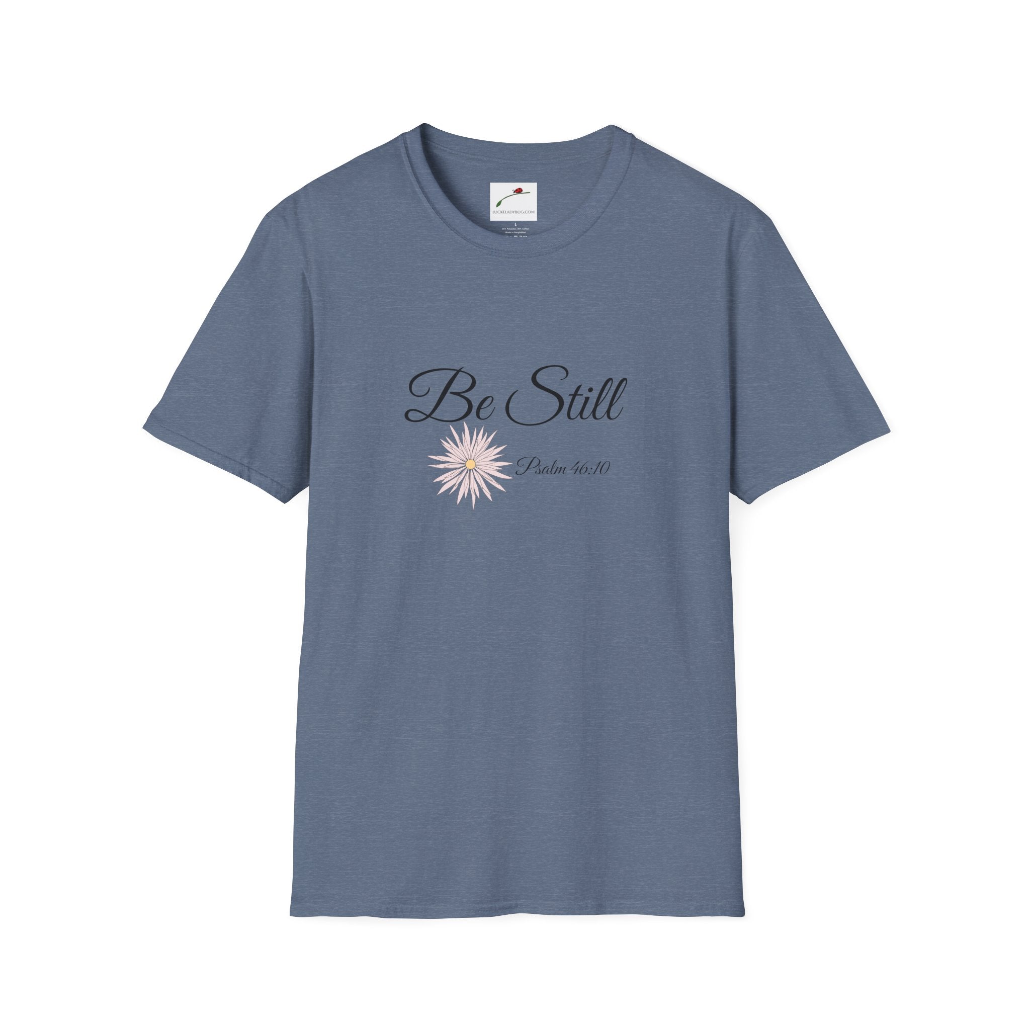Blue be still bible verse t shirt with floral design and Psalm 46 10 text by LuckeLadybug
