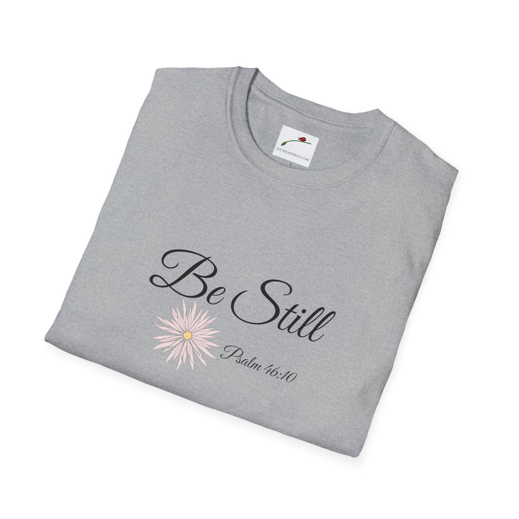 Gray LuckeLadybug be still bible verse t shirt with floral design and Psalm 46:10 text
