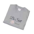 Gray LuckeLadybug be still bible verse t shirt with floral design and Psalm 46:10 text