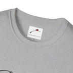 Light gray T-shirt from LuckeLadybug with be still bible verse t shirt design tag inside collar
