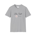 Gray LuckeLadybug be still bible verse t shirt with floral design and scripture text