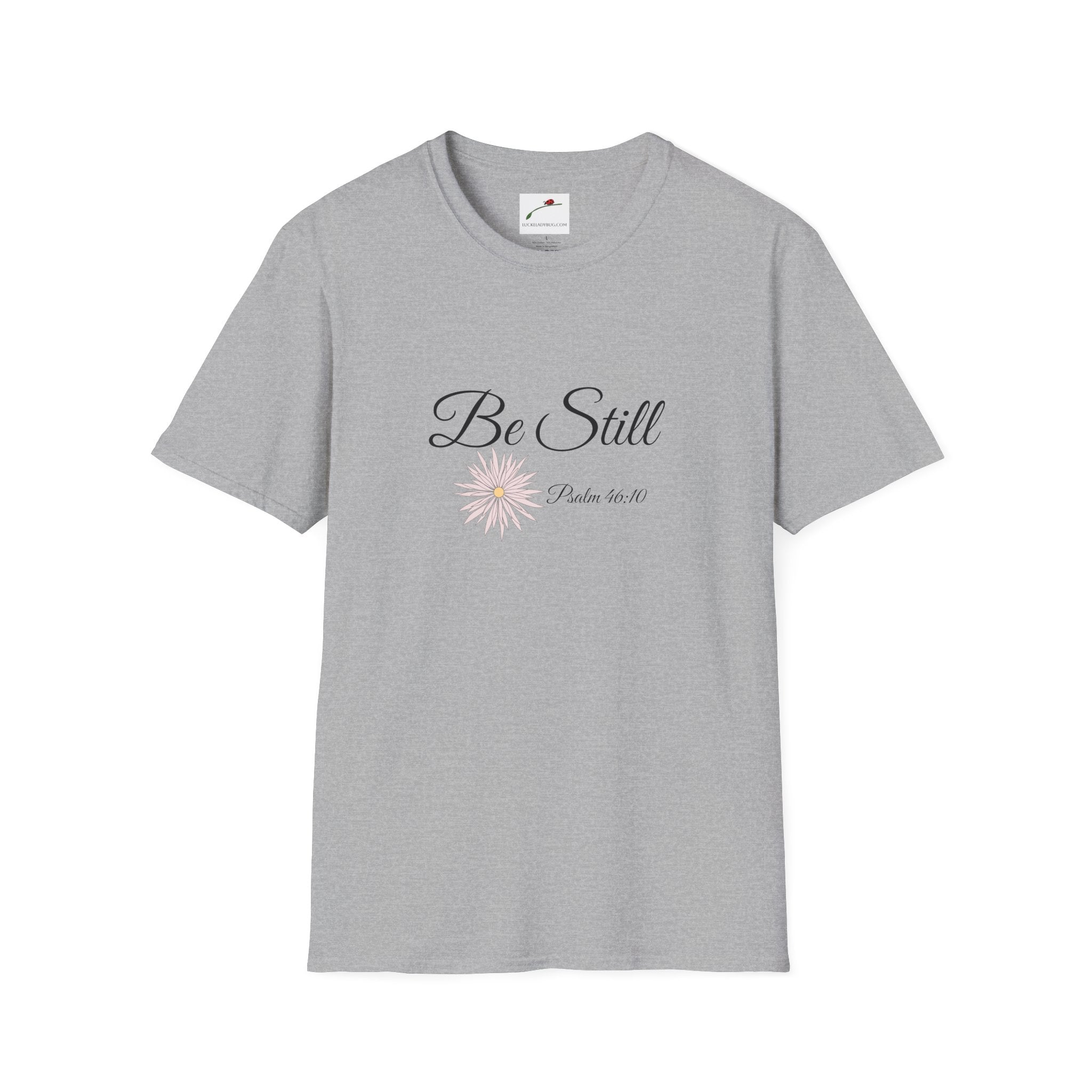 Gray LuckeLadybug be still bible verse t shirt with floral design and scripture text