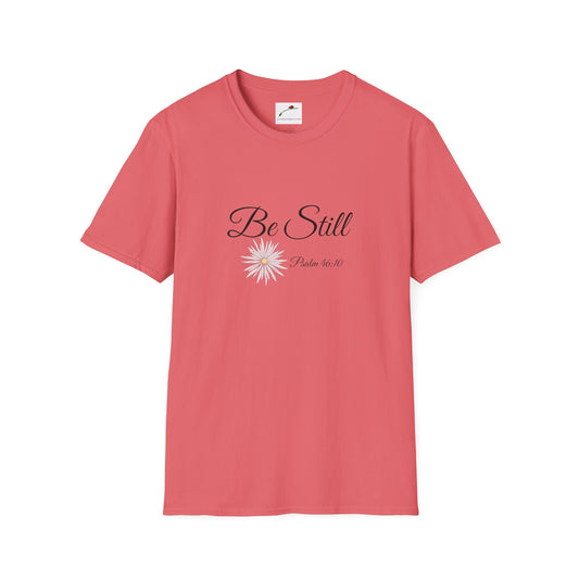 Coral LuckeLadybug be still bible verse t shirt with floral design and scripture text