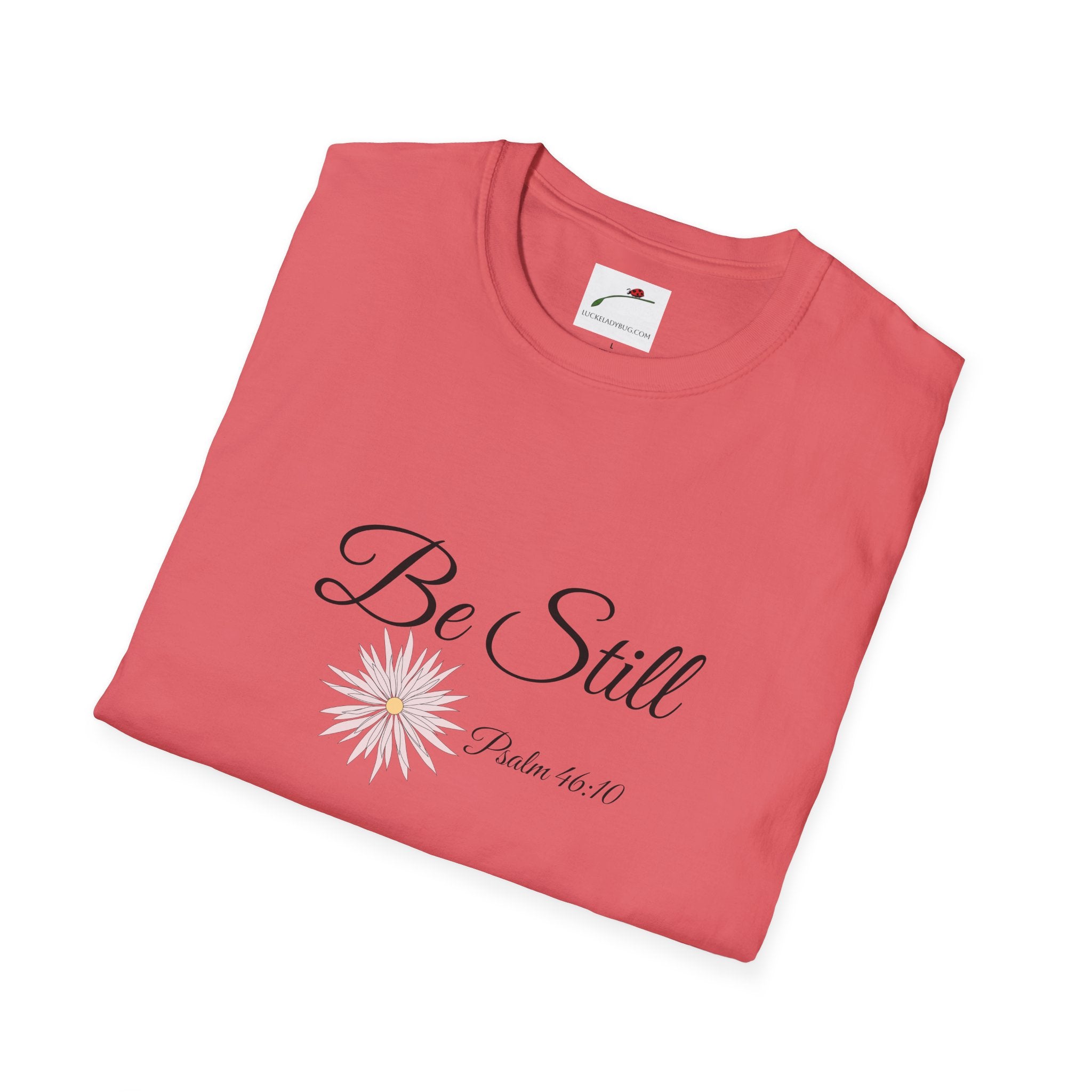 LuckeLadybug be still bible verse t shirt in coral with floral design and Psalm 46:10 text