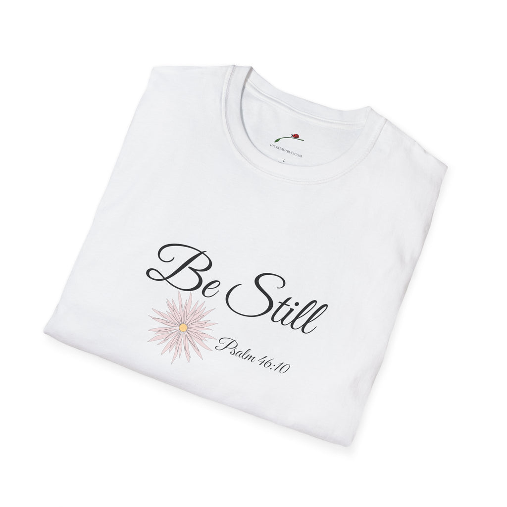 White LuckeLadybug be still bible verse t shirt with flower design and Psalm 46:10 text