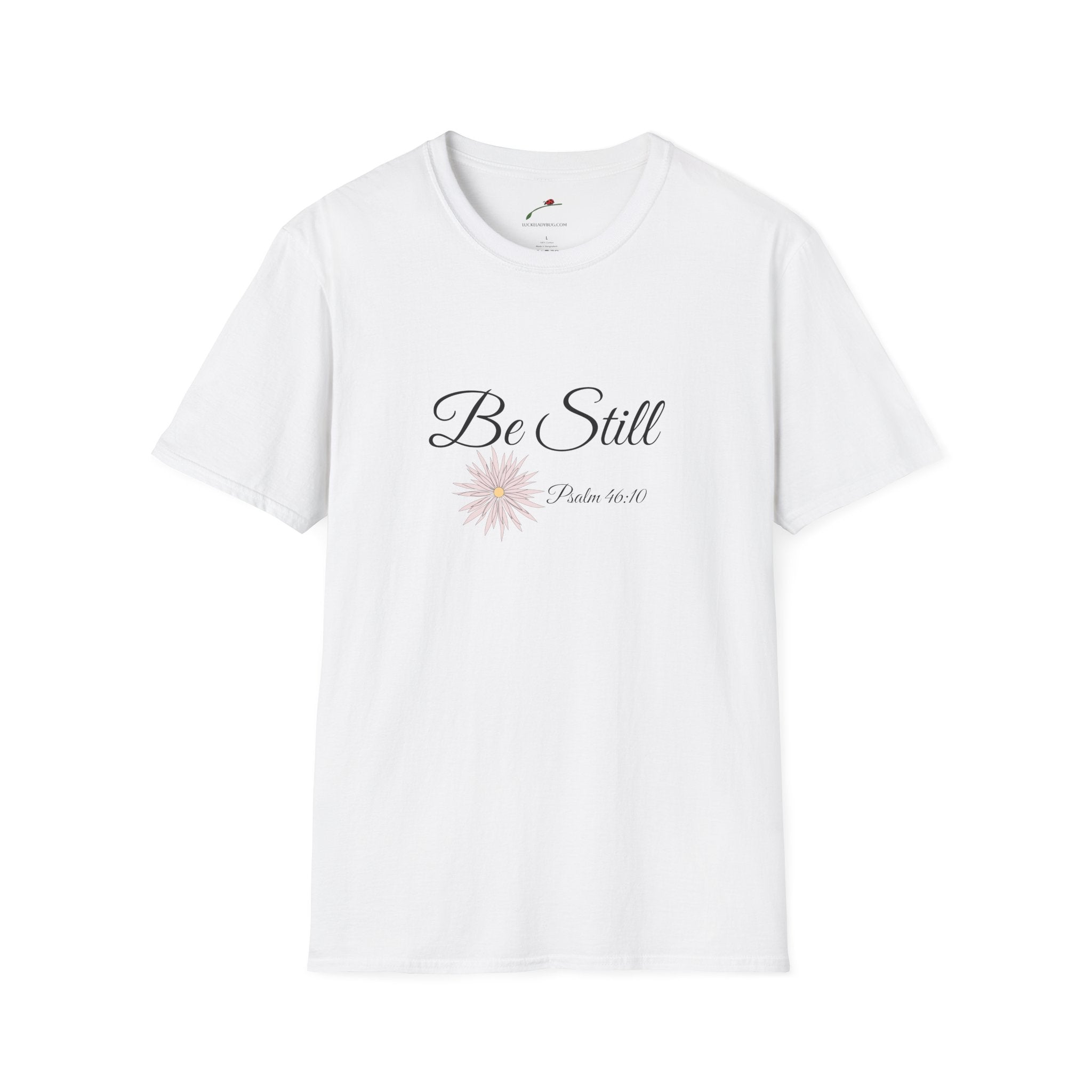 White LuckeLadybug be still bible verse t shirt with floral design and Psalm 46:10 text