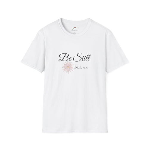 White LuckeLadybug be still bible verse t shirt with floral design and Psalm 46:10 text