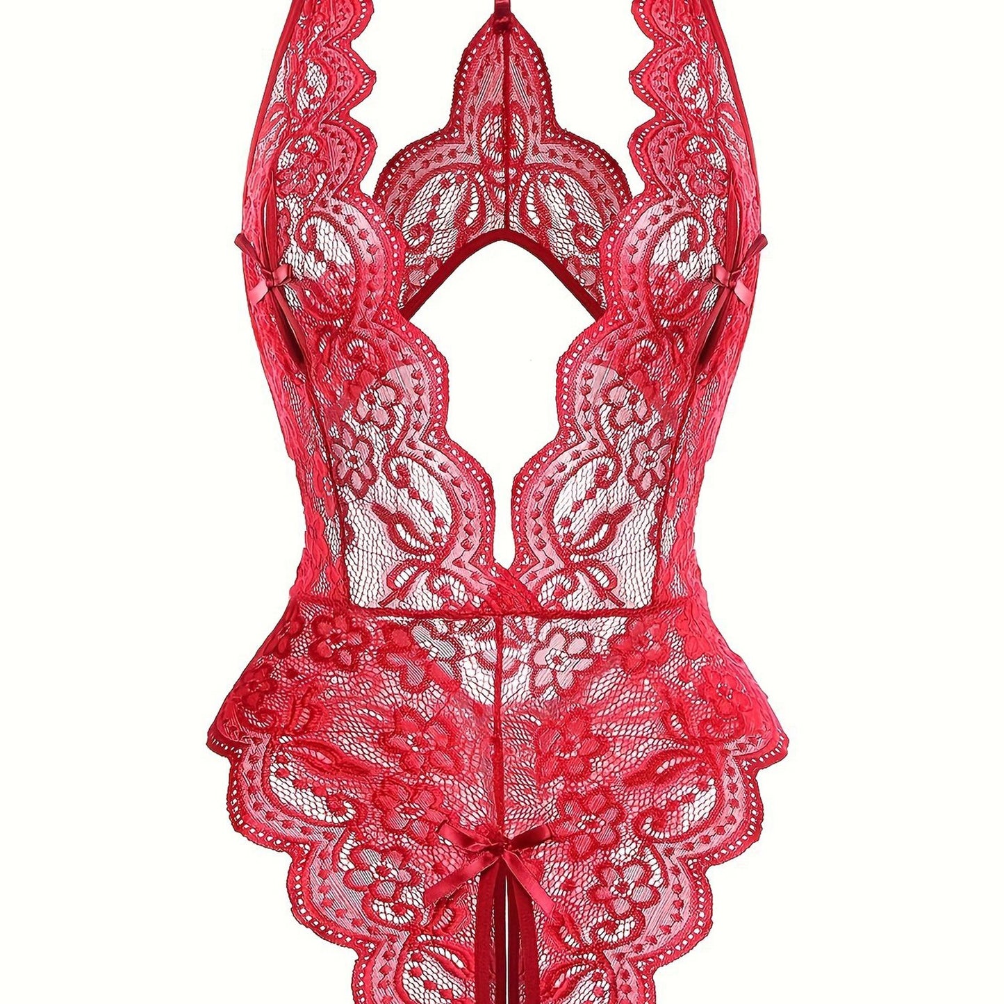 Sultry Floral Lace Bodysuit - Backless, Semi-Sheer, Open Crotch