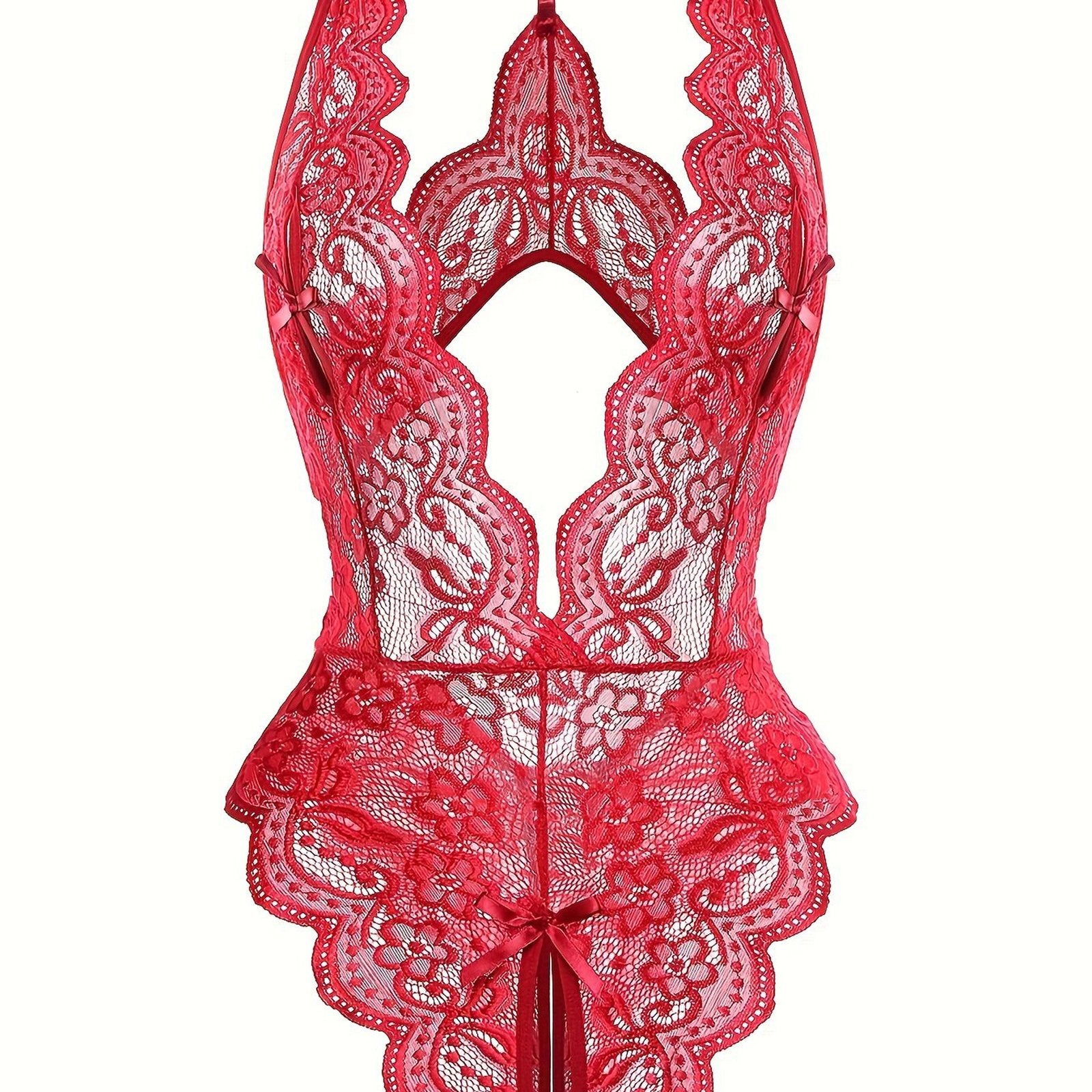 Sultry Floral Lace Bodysuit - Backless, Semi-Sheer, Open Crotch
