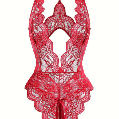 Sultry Floral Lace Bodysuit - Backless, Semi-Sheer, Open Crotch