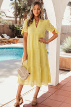 Vestido midi escalonado de manga corta con lazo texturizado de guinga azul anochecer