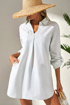 Striped button-up cover up for the beach with a relaxed fit and pockets
