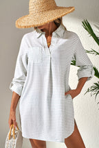 LuckeLadybug LLC Stylish Striped Cover Up for the Beach with Pocket and Roll-Tab Sleeves
