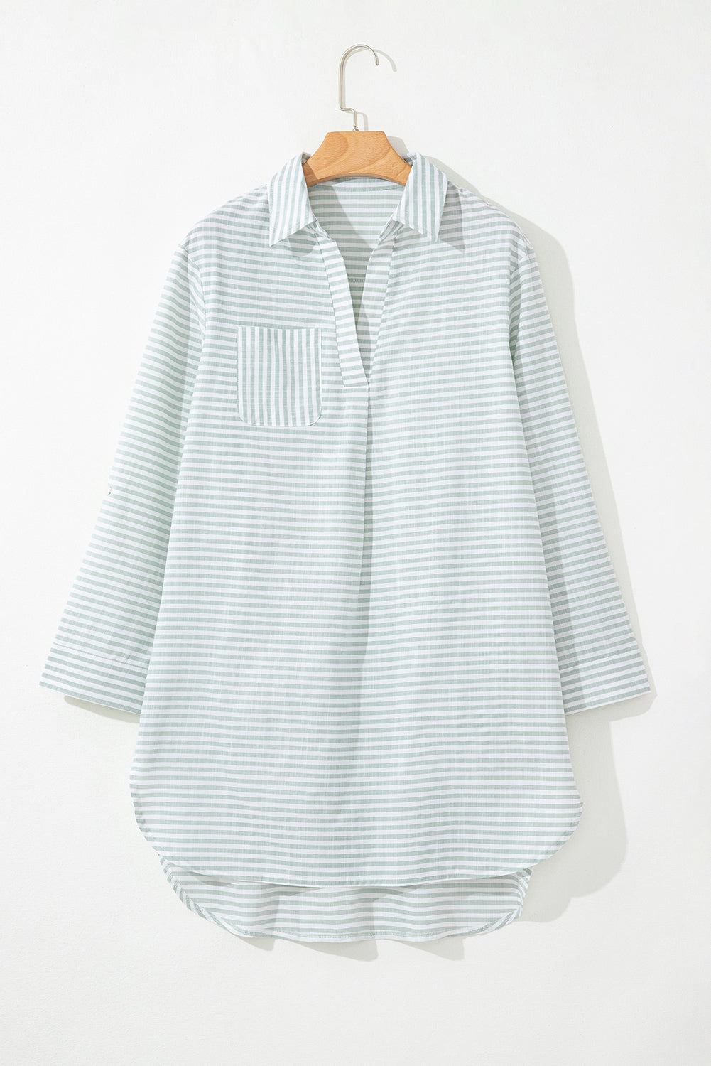 Light blue striped cover up for the beach with a collared neckline and front pocket