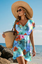 Colorful tropical cover up for the beach with a flattering V-neck design and flowy sleeves