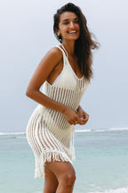 LuckeLadybug LLC Stylish White Cover Up for the Beach with Fringe Detail and Comfortable Fit
