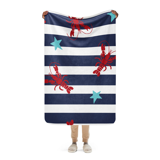 LuckeLAdybug beach theme sherpa blanket with navy and white stripes featuring red lobsters and blue starfish