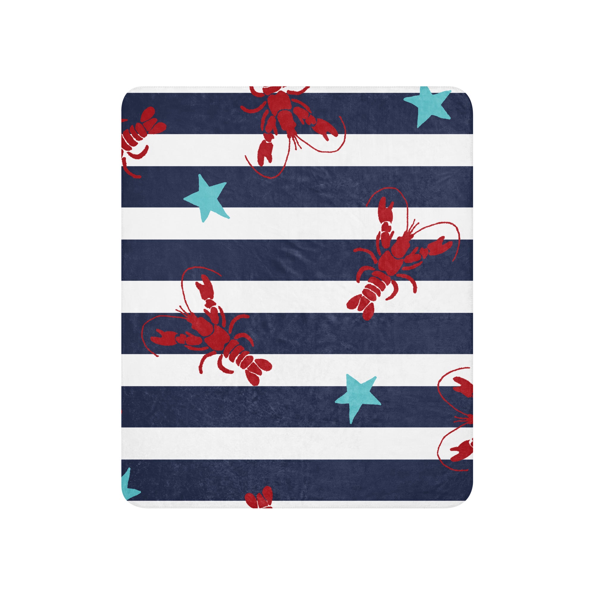 LuckeLAdybug beach theme sherpa blanket with navy stripes red lobsters and blue starfish design