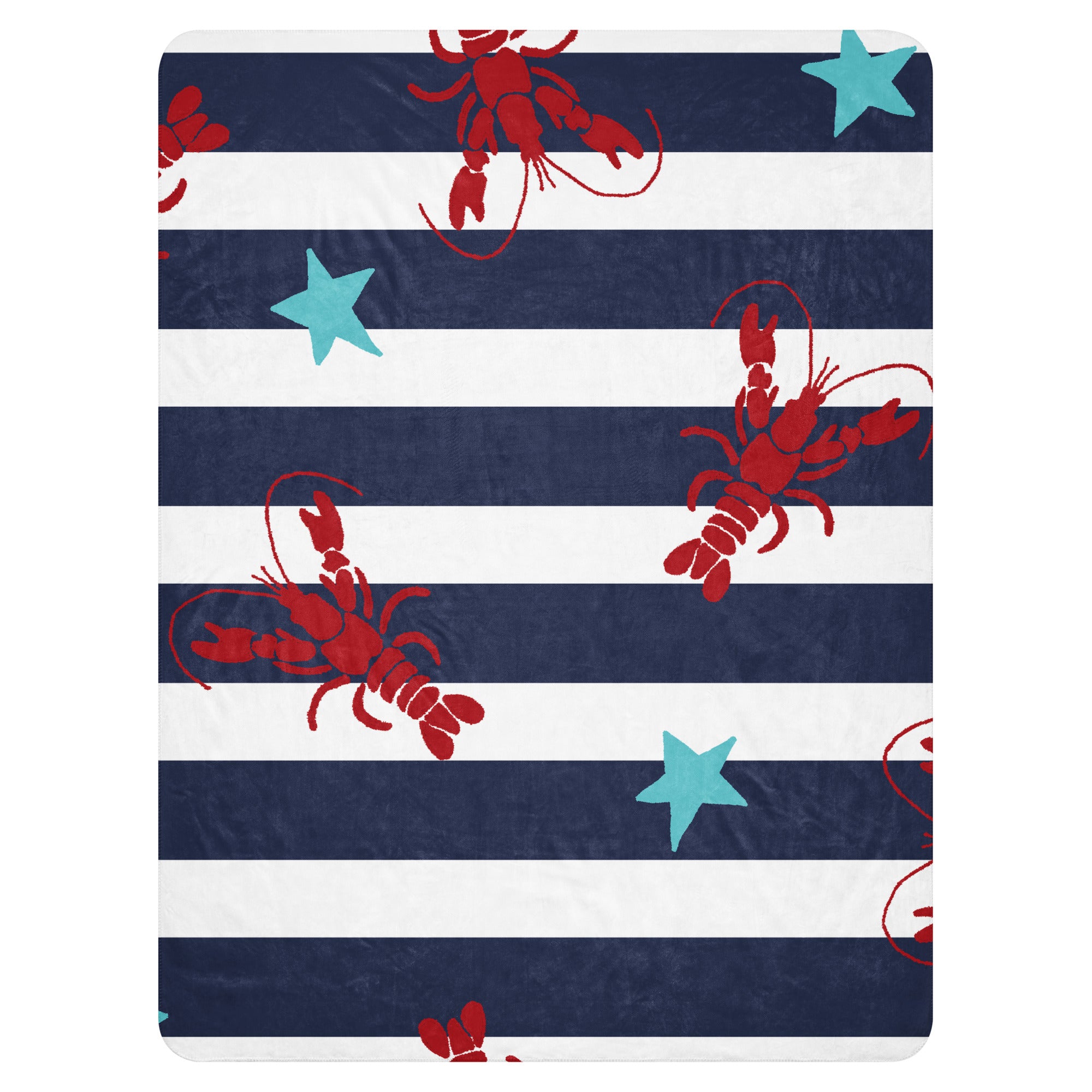 LuckeLAdybug beach theme sherpa blanket with navy stripes red lobsters and blue starfish pattern