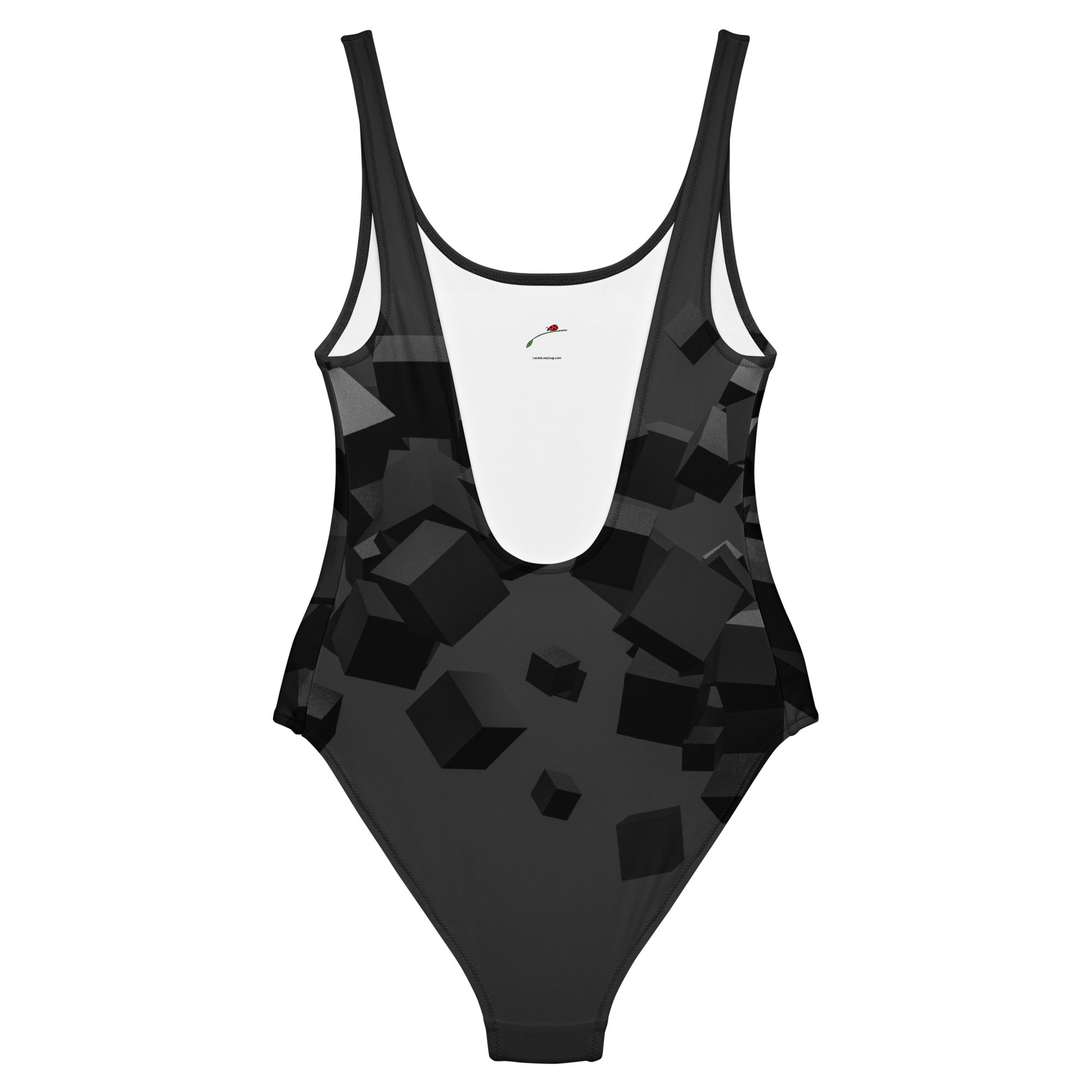 LuckeLadybug black pattern one-piece swimsuit with deep scoop front and scattered geometric cube print