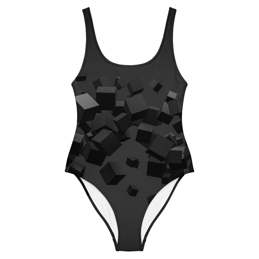 LuckeLadybug black pattern one-piece swimsuit with 3D cube geometric print scoop back moderate coverage