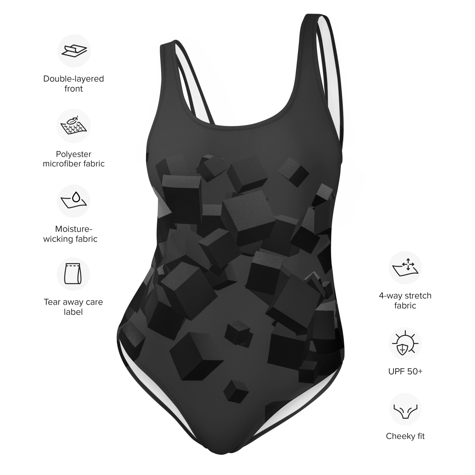 LuckeLadybug black pattern one-piece swimsuit with geometric cube print scoop neck and double straps